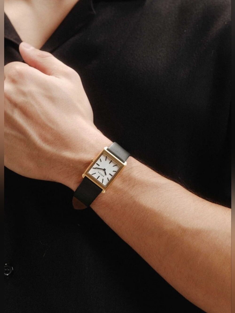 NIB BREDA Virgil Unisex Gold Rectangular Watch with Black Leather Strap One Size